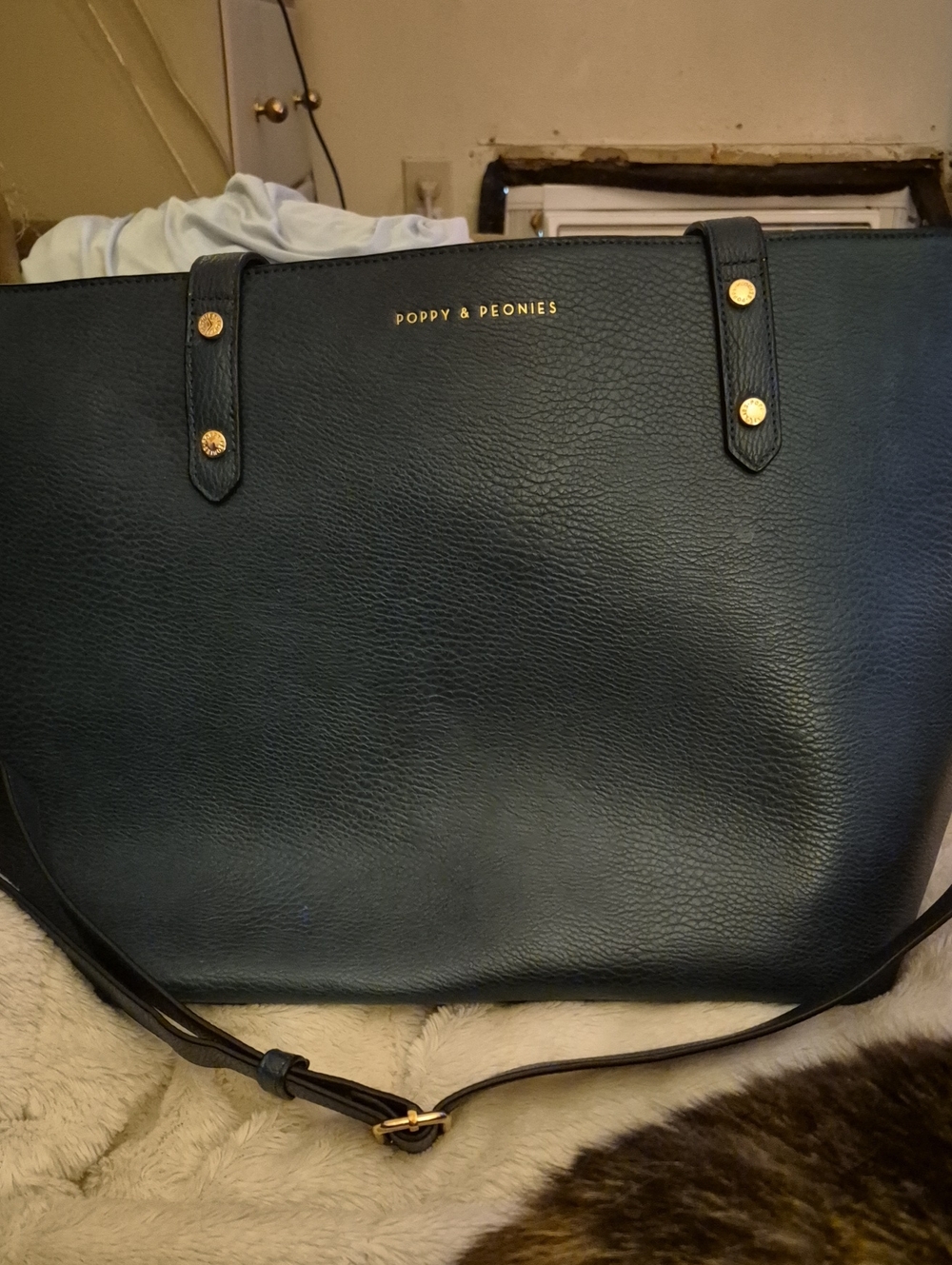 Poppy & Peonies Black Pebbled Leather Tote with Gold Accents